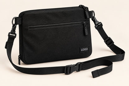 Black custom expandable crossbody bag with front zipper pocket, detachable adjustable webbing strap, side D-rings and logo label