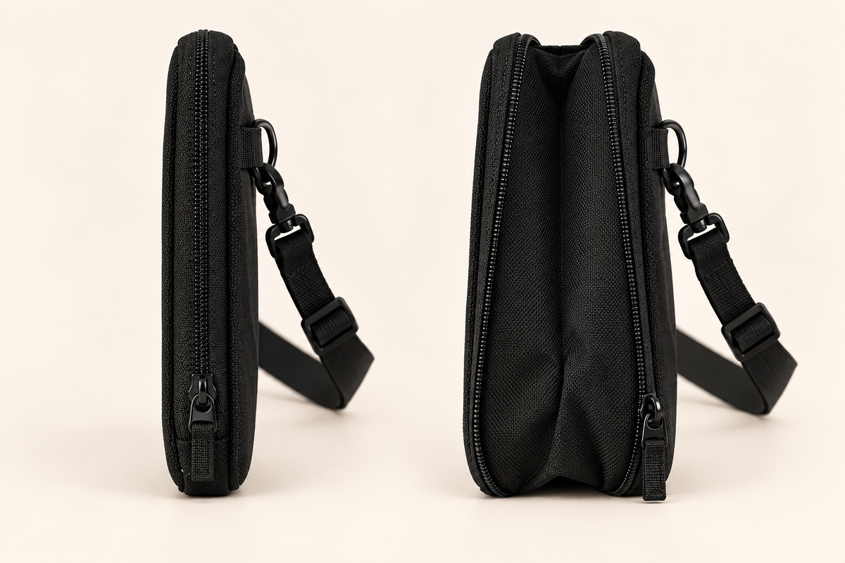 Custom expandable crossbody bag side views comparing slim closed profile and wider gusset after opening the bottom expansion zipper