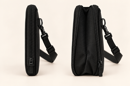 Custom expandable crossbody bag side views comparing slim closed profile and wider gusset after opening the bottom expansion zipper