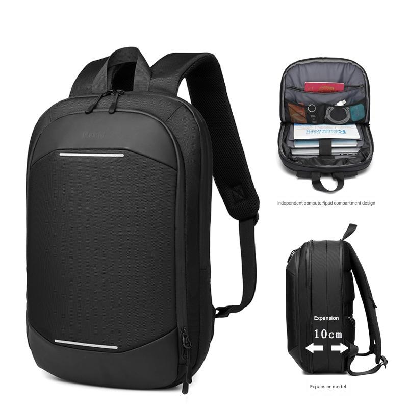 black expandable laptop backpack with slim profile and organized interior compartments