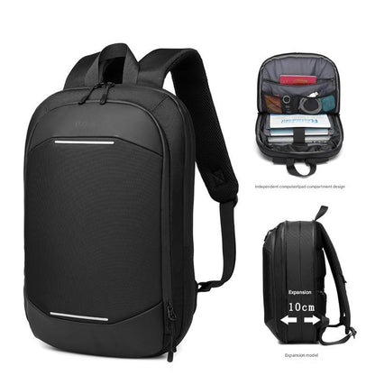 black expandable laptop backpack with slim profile and organized interior compartments