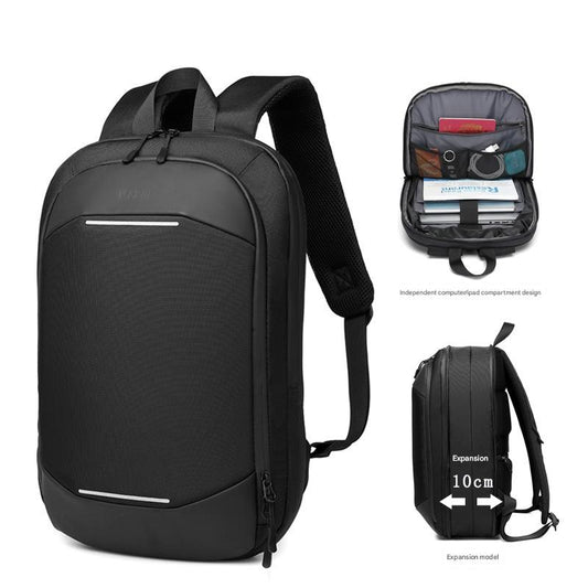 black expandable laptop backpack with slim profile and organized interior compartments