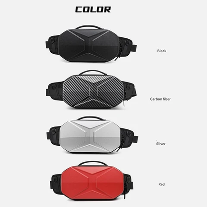 custom hard shell waist bag color chart showing black red silver and carbon fiber pattern molded shell options