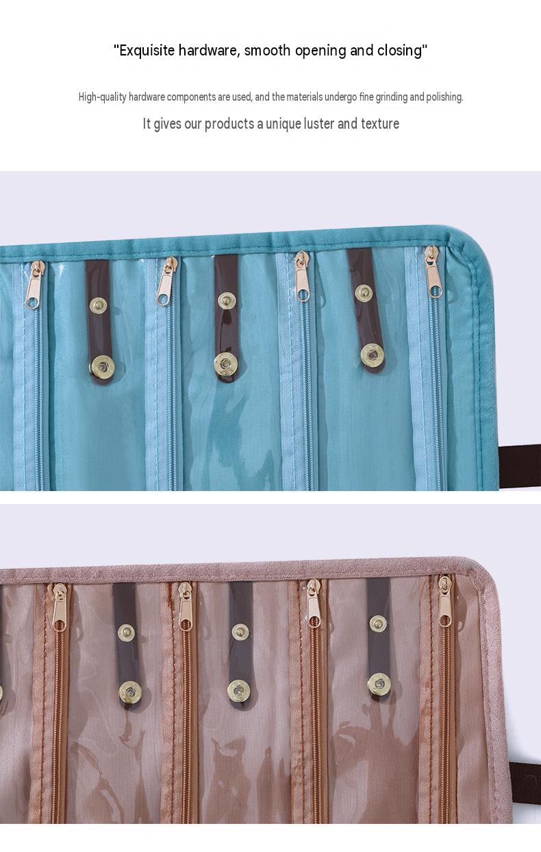 roll up jewelry organizer with clear zipper pockets metal zipper pulls and snap fastened necklace holding tabs