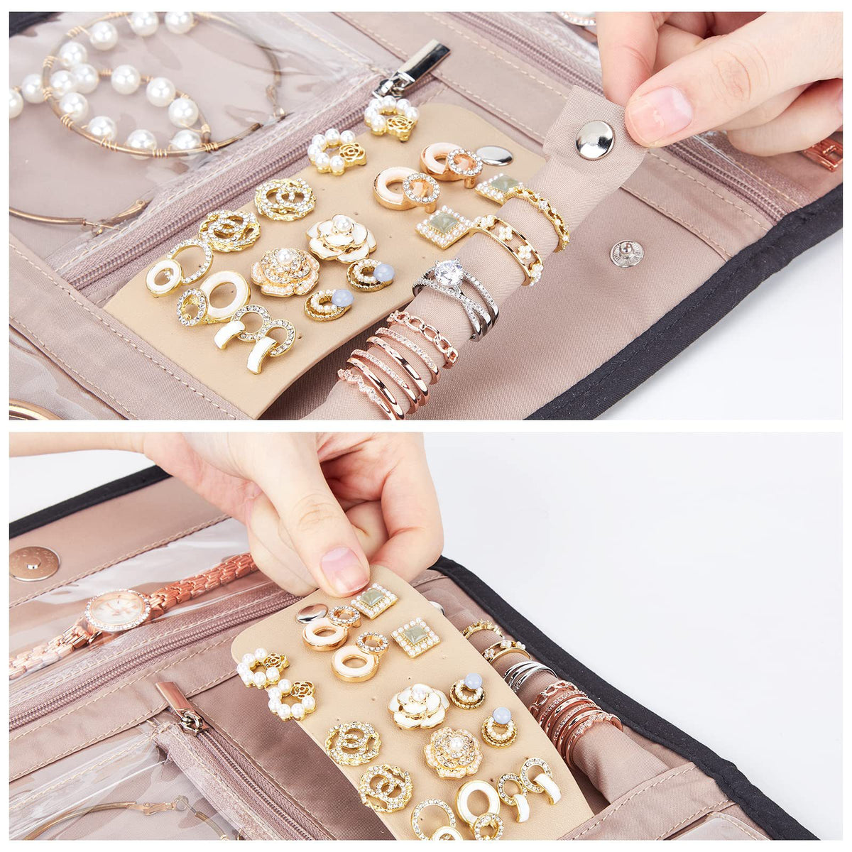 close-up views of hands organizing earrings on a stud holder inside a custom travel jewelry organizer
