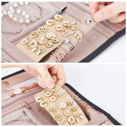 close-up views of hands organizing earrings on a stud holder inside a custom travel jewelry organizer