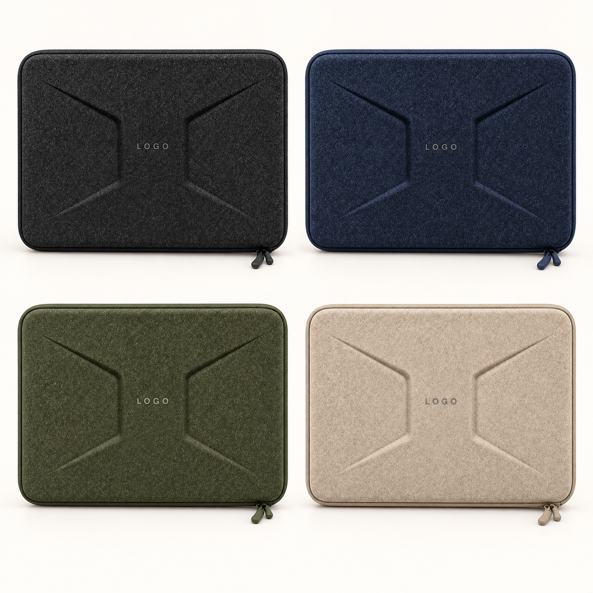 custom laminated eva laptop sleeves in black navy blue olive green and beige with molded geometric fronts and logo placement
