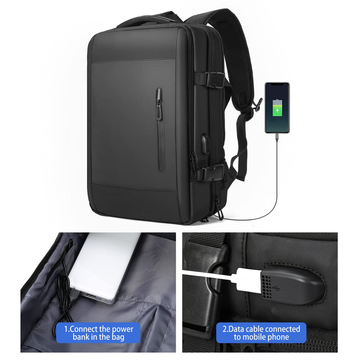 custom laptop backpack with external USB access connected to an internal power bank