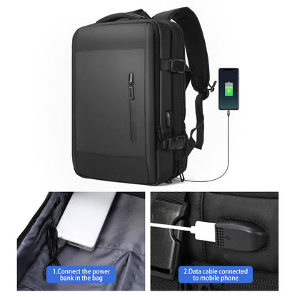 custom laptop backpack with external USB access connected to an internal power bank