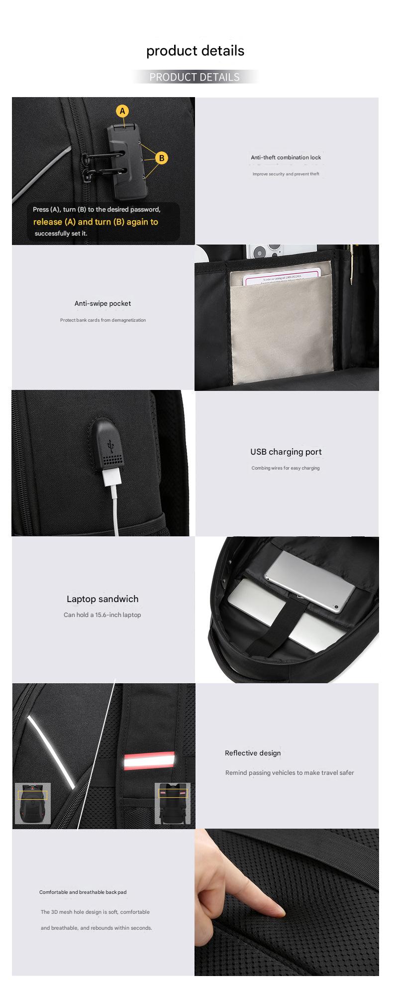 custom laptop backpack feature details with anti theft lock and laptop compartment