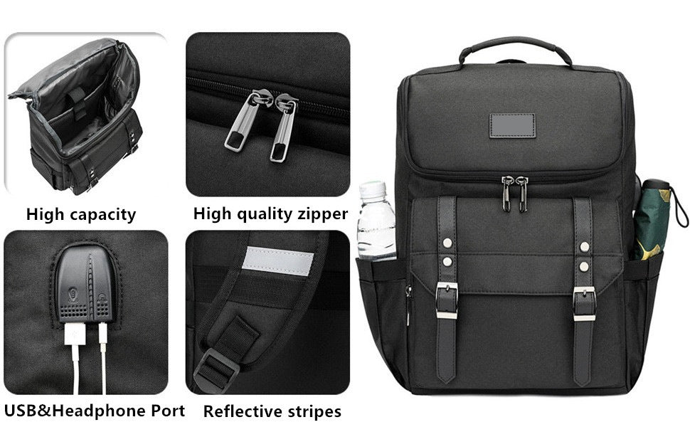 custom laptop backpack with USB and headphone ports reflective shoulder strips and side storage pockets