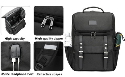 custom laptop backpack with USB and headphone ports reflective shoulder strips and side storage pockets