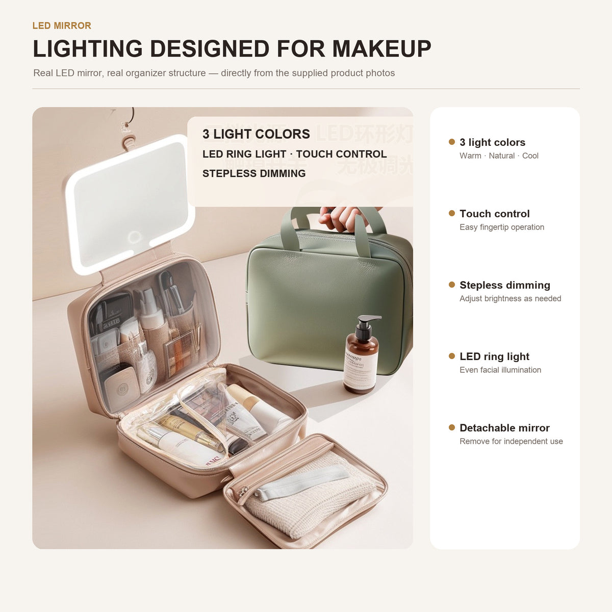 custom makeup bag with detachable led mirror three connected storage sections and organized compartments for brushes and skincare