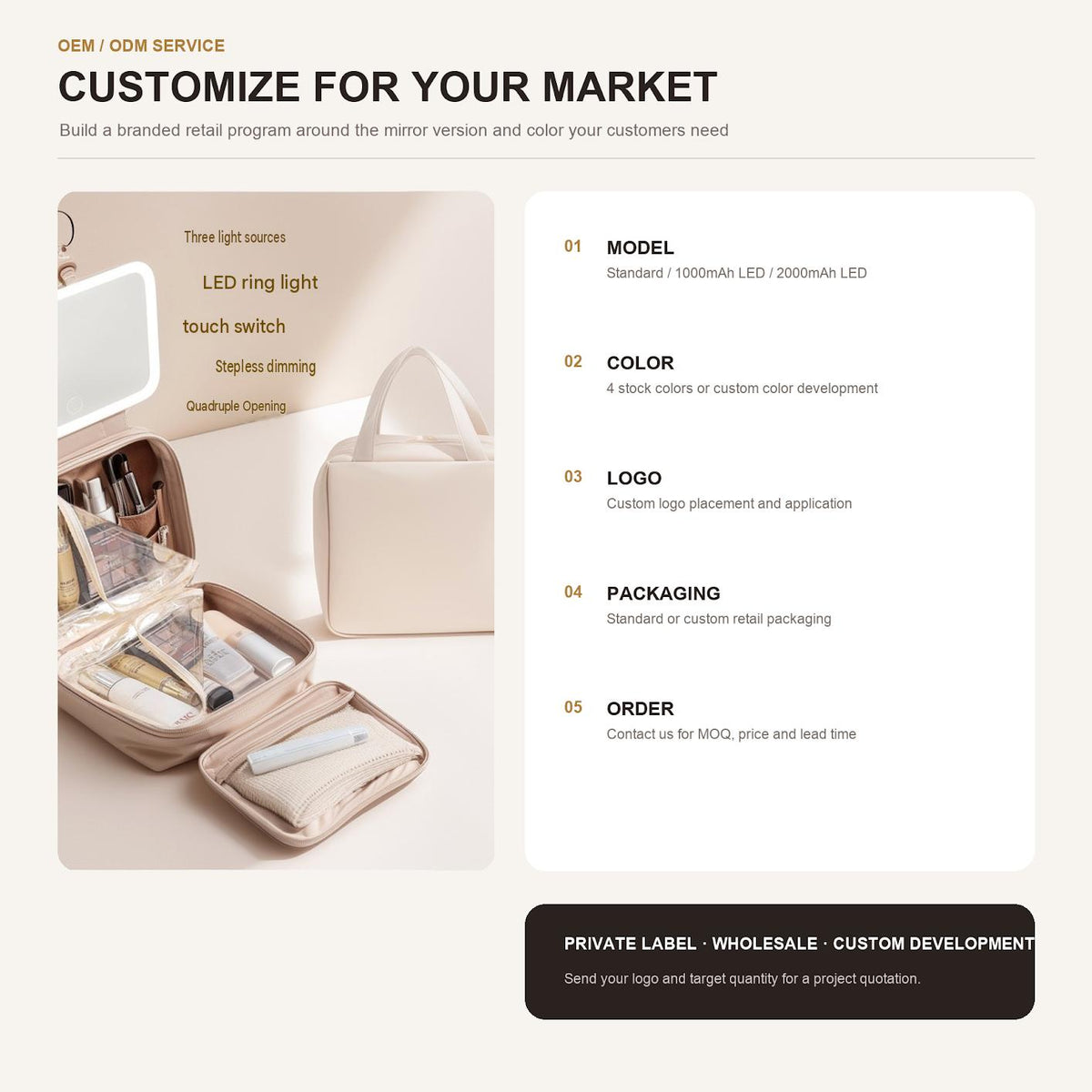 oem makeup bag development options showing custom colors mirror models logo placement and retail packaging
