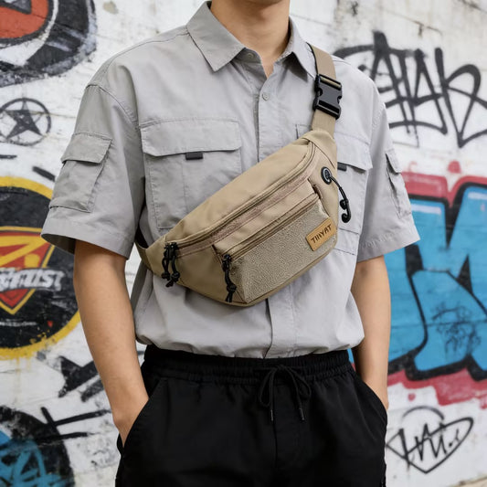 custom men's waist bag with front mesh pocket worn across the chest