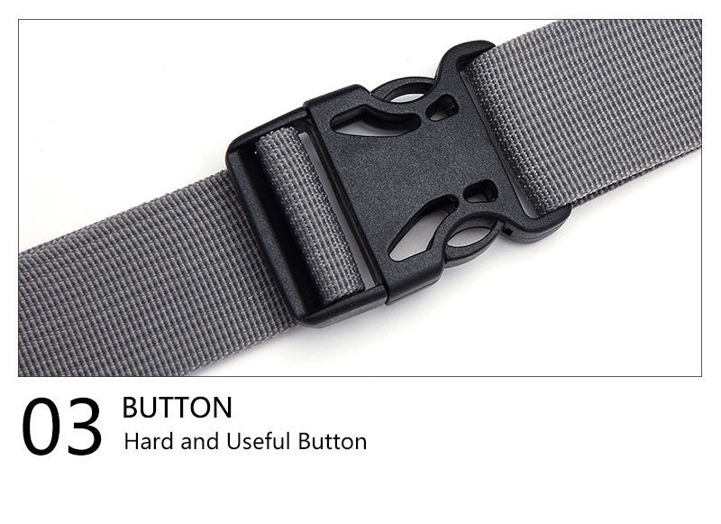 close up of black quick release buckle attached to gray adjustable webbing strap for custom nylon waist bag