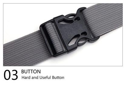 close up of black quick release buckle attached to gray adjustable webbing strap for custom nylon waist bag