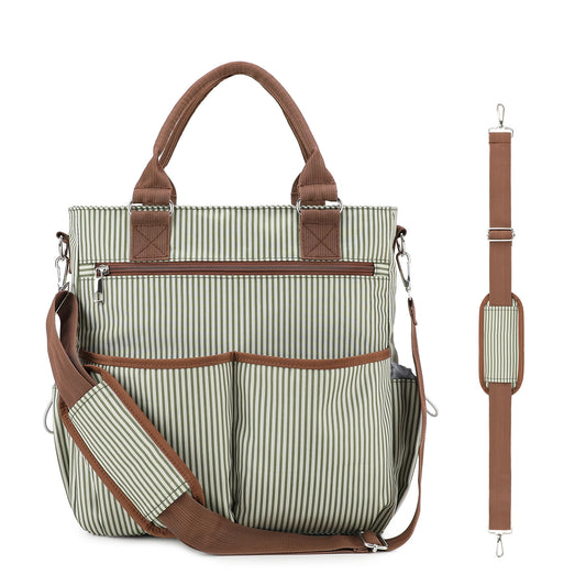 khaki striped polyester diaper bag tote with brown handles detachable shoulder strap front zipper pocket and two open pockets