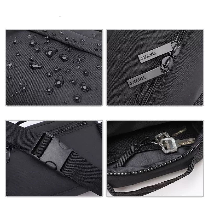 custom polyester waist bag detail collage showing water resistant fabric zipper pulls adjustable buckle and internal key holder