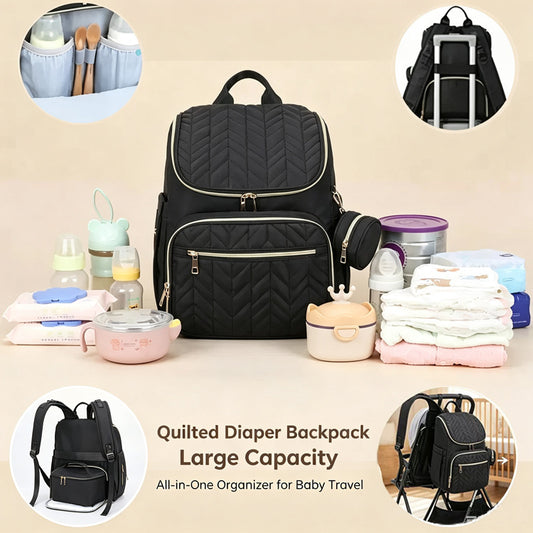 black custom quilted diaper backpack with front insulated bottle pockets baby supplies stroller straps and luggage sleeve