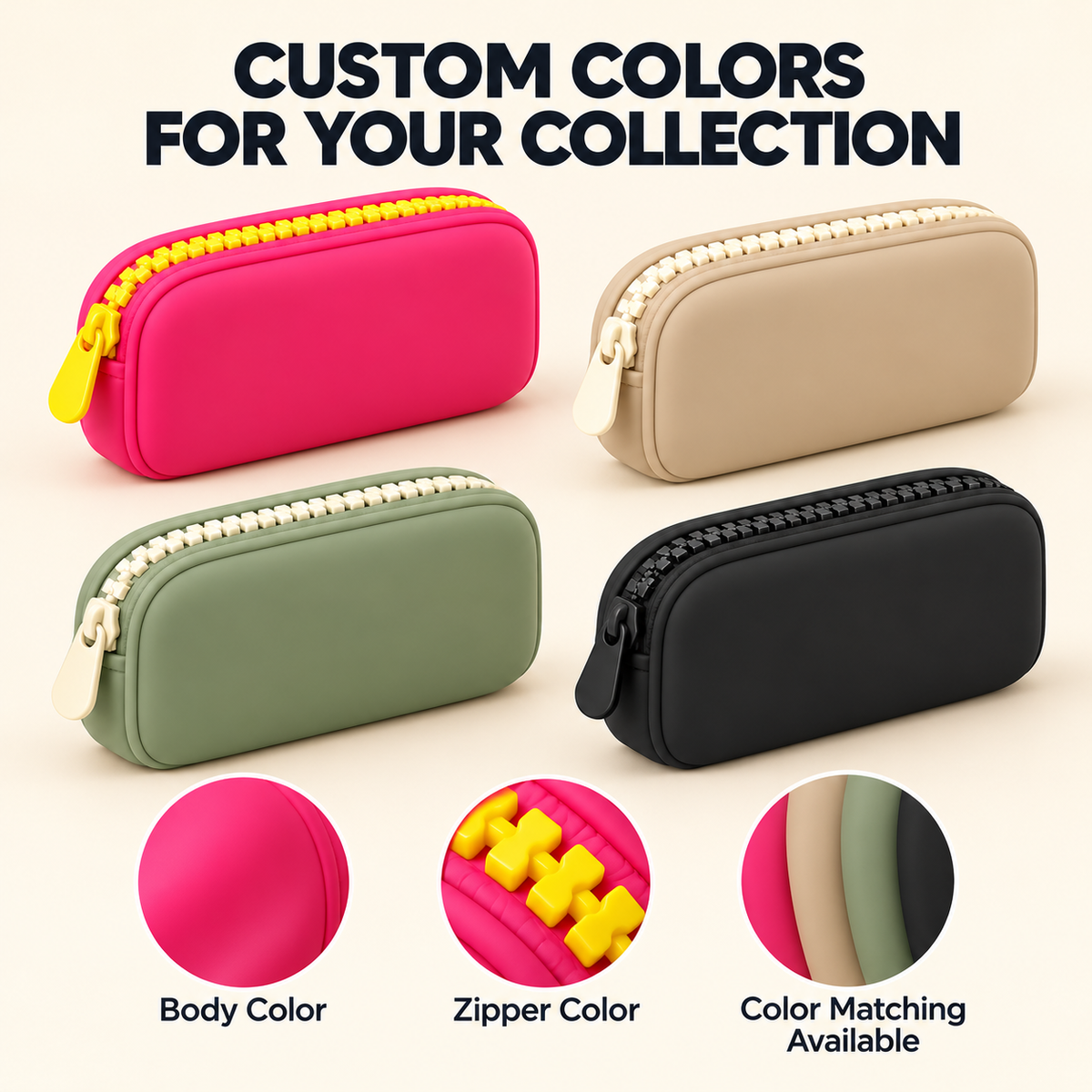 four silicone cosmetic pouch color examples in pink beige green and black with coordinated resin zippers