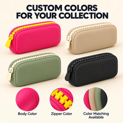 four silicone cosmetic pouch color examples in pink beige green and black with coordinated resin zippers