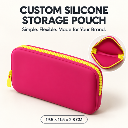 pink custom silicone cosmetic pouch with yellow resin zipper soft touch body and single main compartment