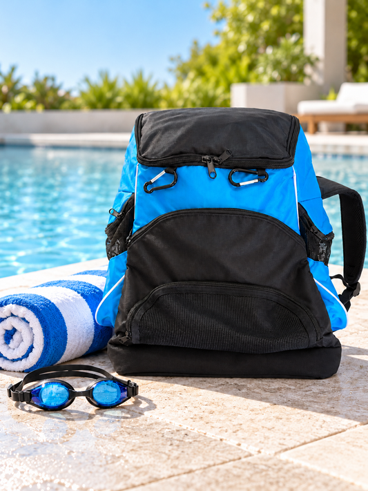 Blue and black custom swim backpack beside a swimming pool with towel and goggles, showing front mesh storage and side pockets