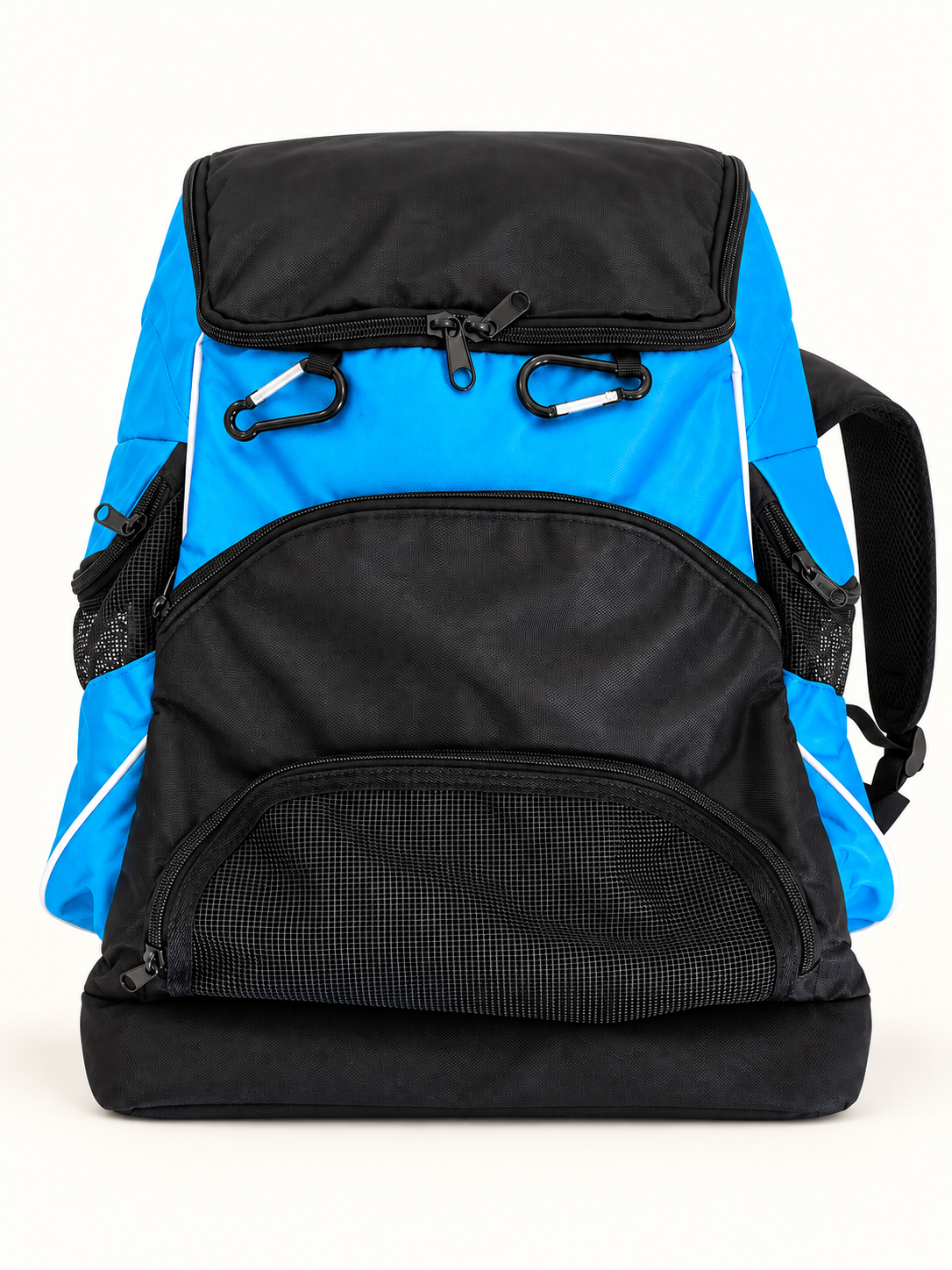 Custom swim backpack interior design with wide dual-zip opening, one divider and estimated 32 to 36 liter storage capacity