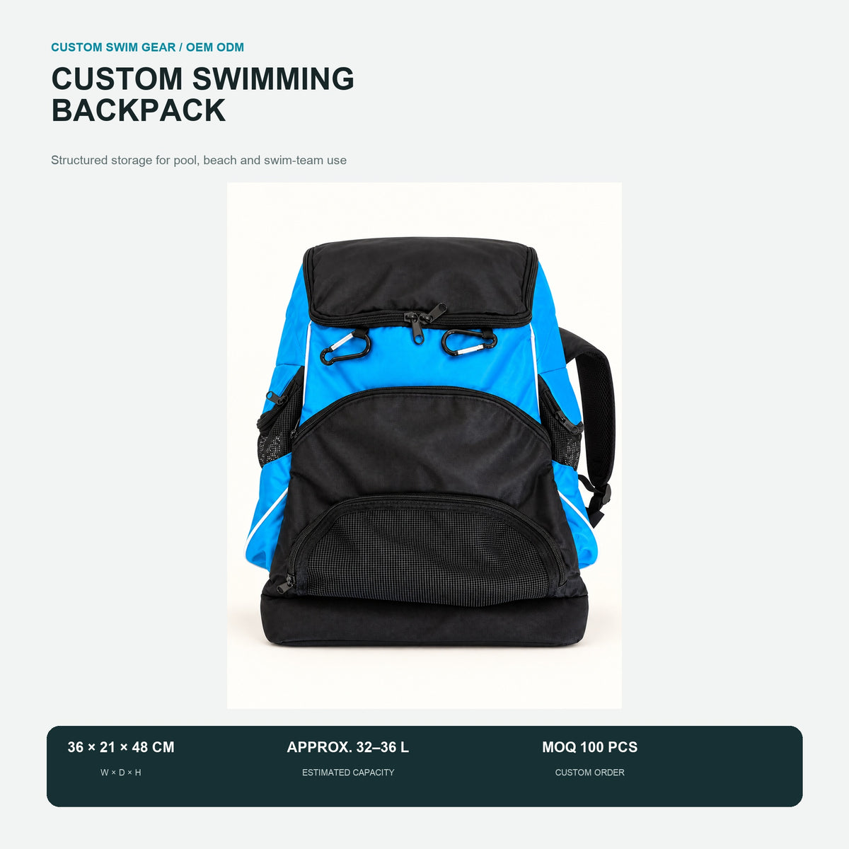 Custom swimming backpack size chart showing approximately 36 cm width, 21 cm depth, 48 cm height and estimated 32 to 36 liter capacity