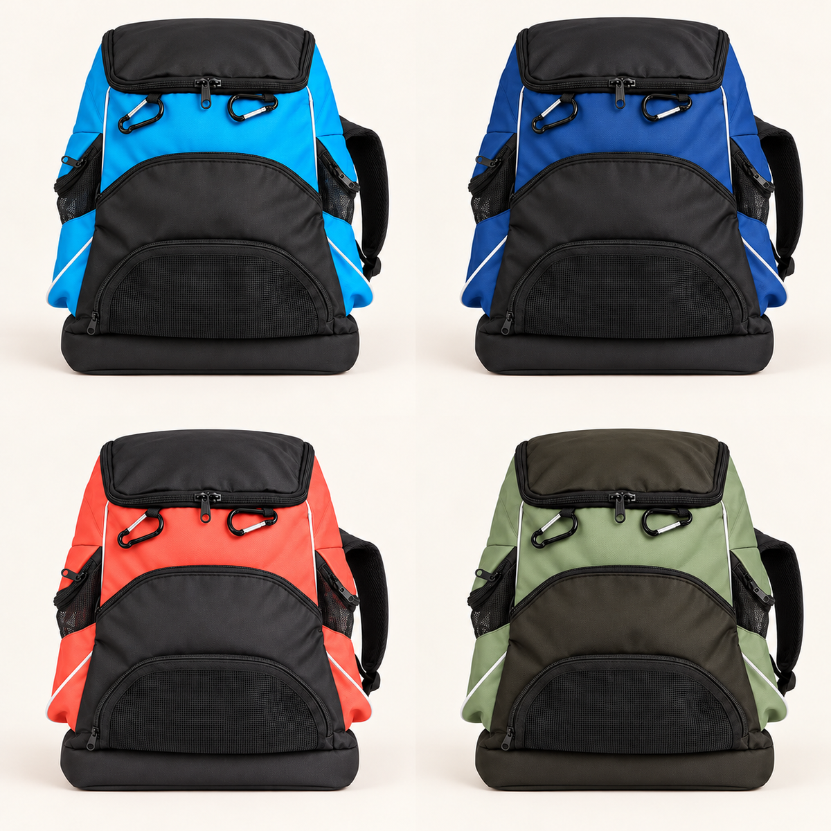 Custom swimming backpack color options in bright blue, royal blue, red and olive green with black front pockets and mesh panels