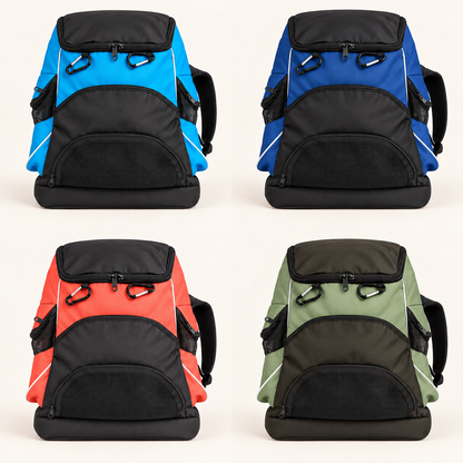 Custom swimming backpack color options in bright blue, royal blue, red and olive green with black front pockets and mesh panels