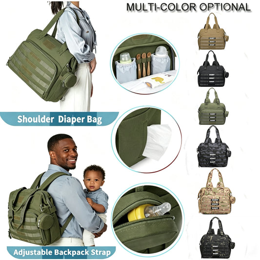 custom tactical diaper bag tote showing olive green bag shoulder and backpack carry options baby bottle organizer and multiple colors