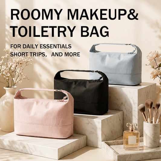 custom travel makeup bags in black pink and light blue with removable top handles and roomy zippered compartments