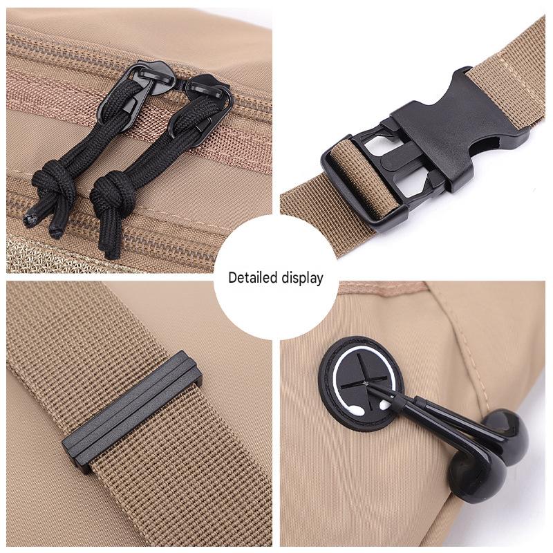 custom waist bag hardware showing zipper pulls buckle strap keeper and headphone port