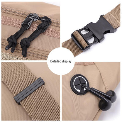 custom waist bag hardware showing zipper pulls buckle strap keeper and headphone port