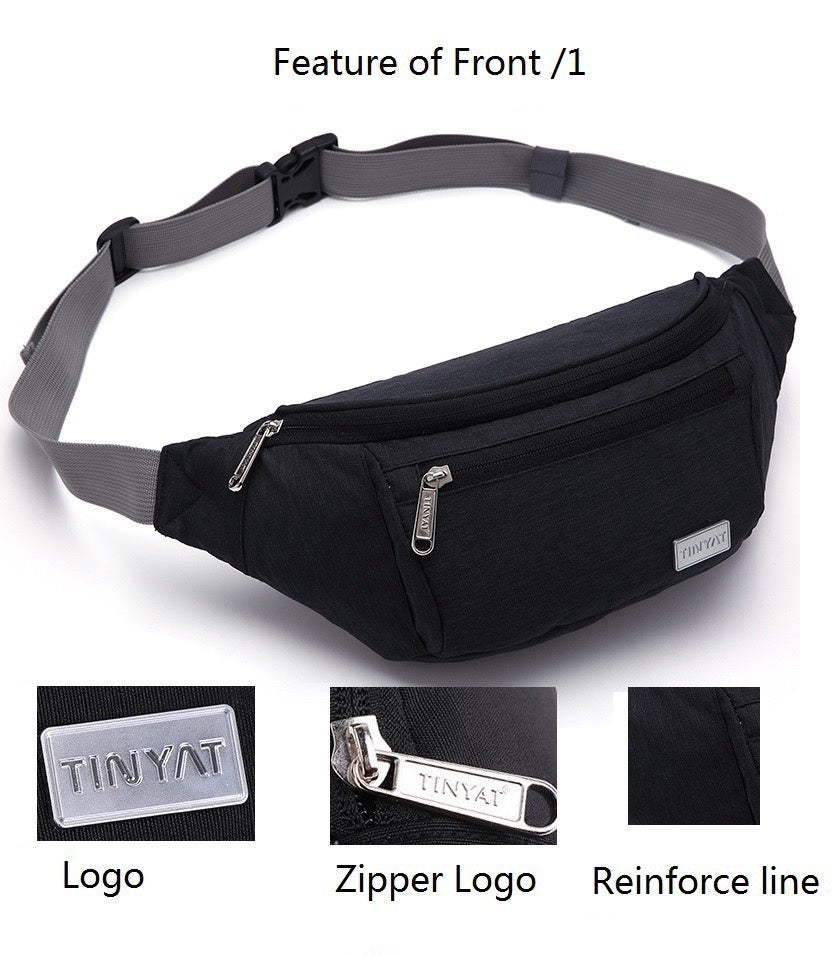 custom waist bag detail diagram showing metal logo plate branded metal zipper pull and reinforced stitching