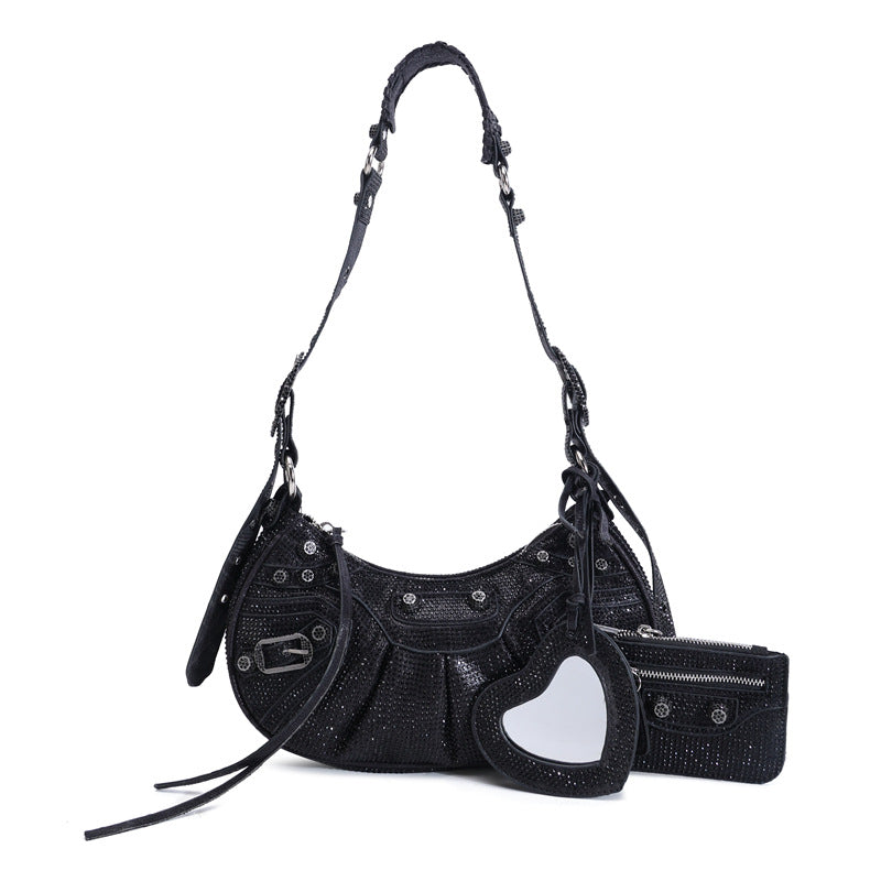 New Fashion Rhinestone Motorcycle Bag Fashion Rhinestone Mirror Three-in-One Shoulder Crossbody Bag