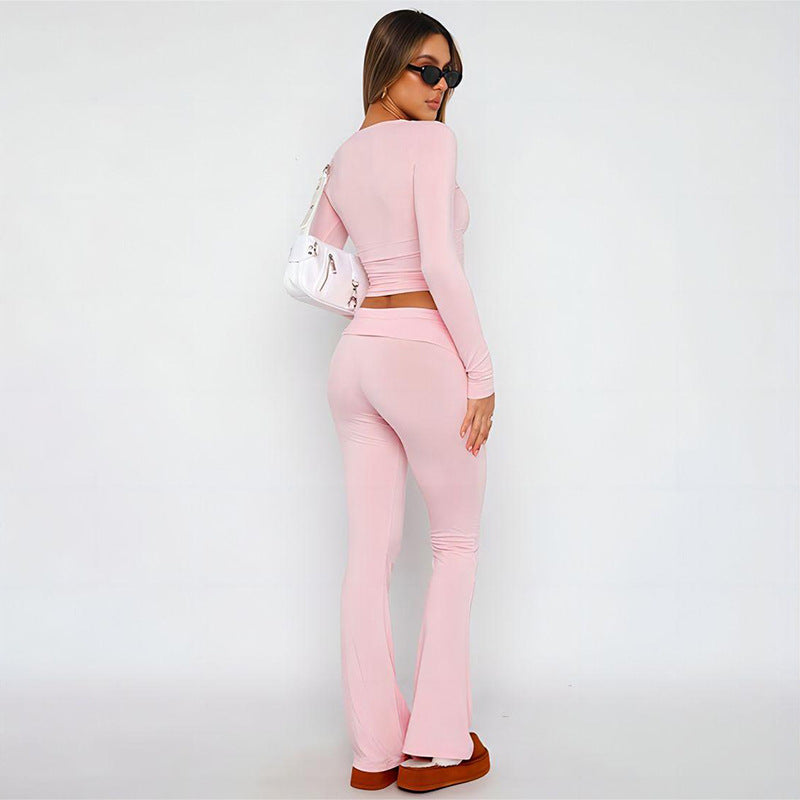 2024 Summer New Women's Sexy Navel T-shirt High Waist Sheath Wide-Leg Casual Pants Suit