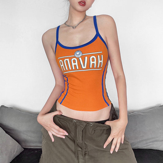 2024 New Women's Clothing Fashion Color Contrast Letter Printing Slim Fit Midriff-Baring Tube Top Short Vest