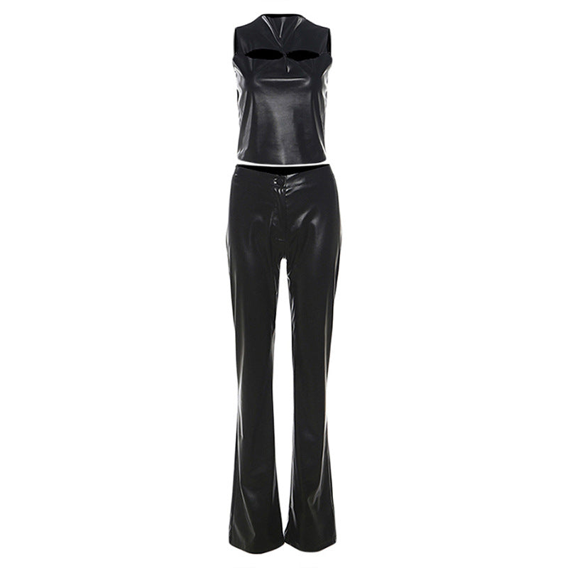 Summer New Women's Sleeveless Hollow Pu Top High Waist Sheath Straight-Leg Pants Casual Pants