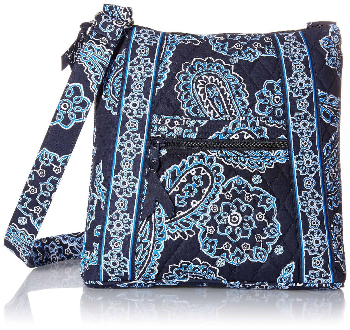 dark blue paisley quilted crossbody bag with patterned shoulder strap and horizontal front zipper pocket