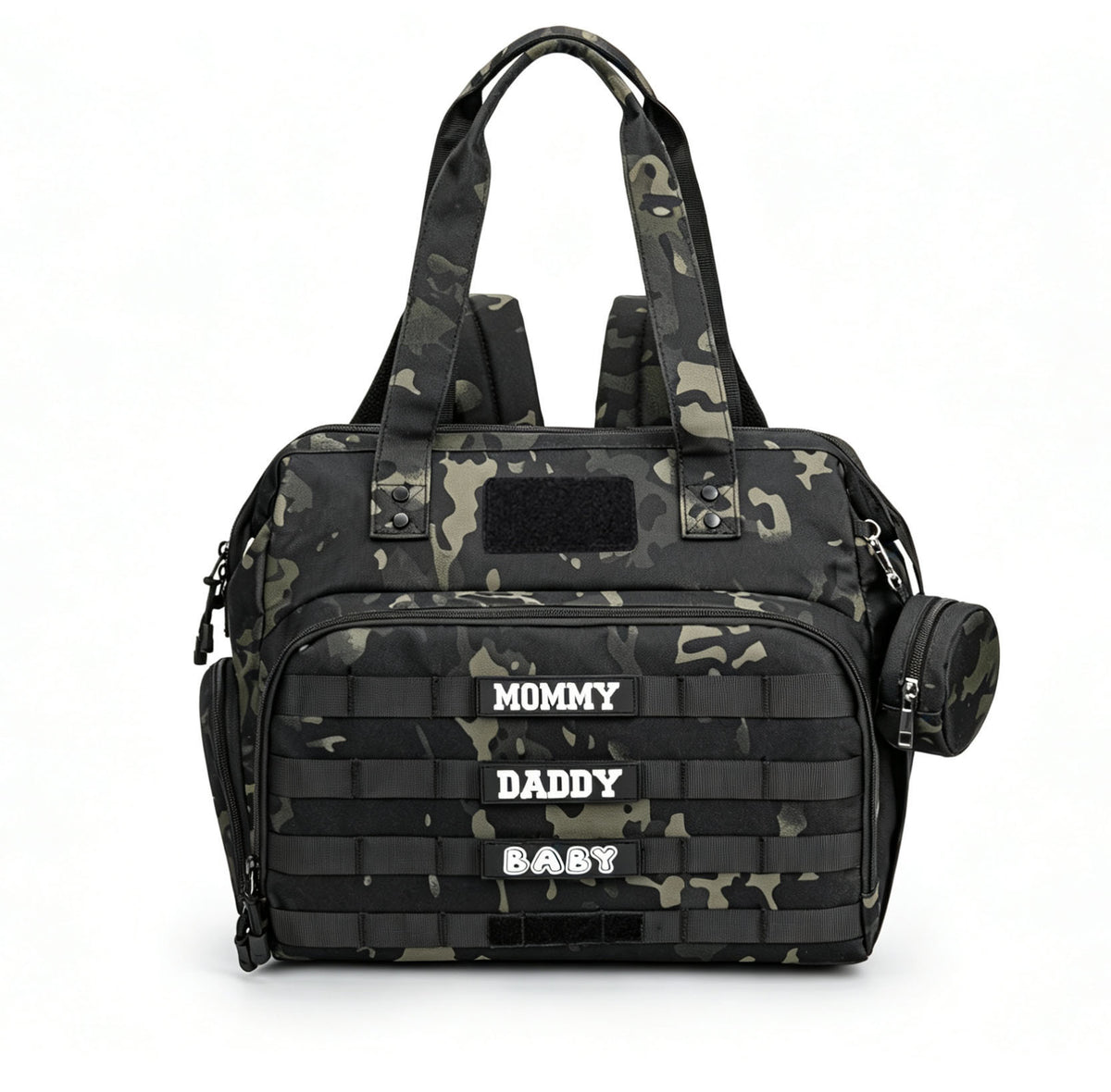 dark camouflage tactical diaper bag tote with top handles patch panels front webbing organizer and round side pouch