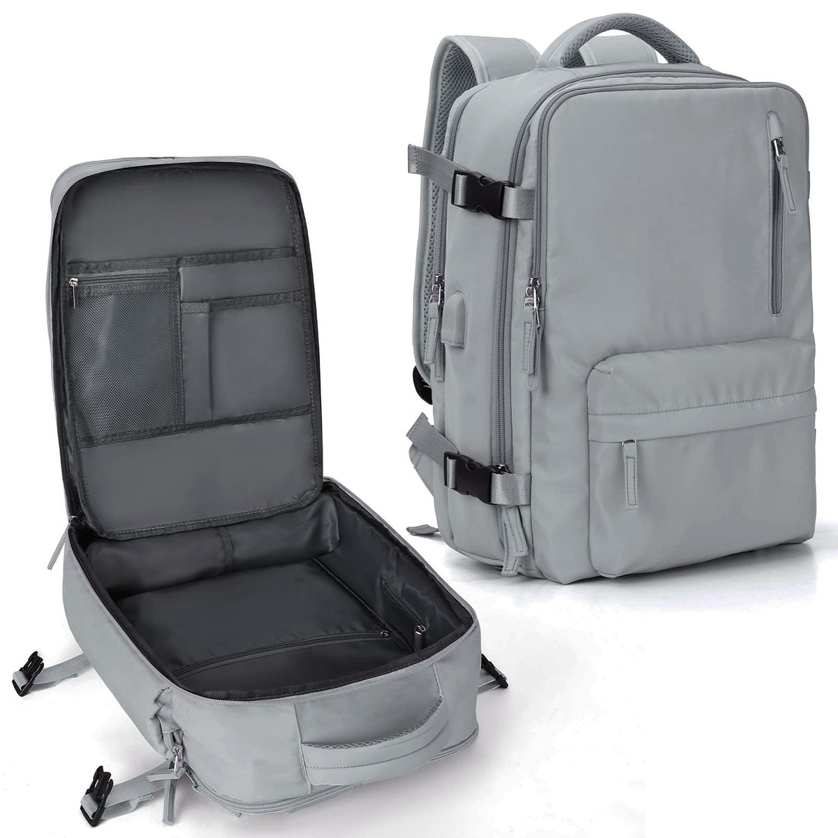 dark gray backpack carry-on with organized travel compartments and padded back carrying system