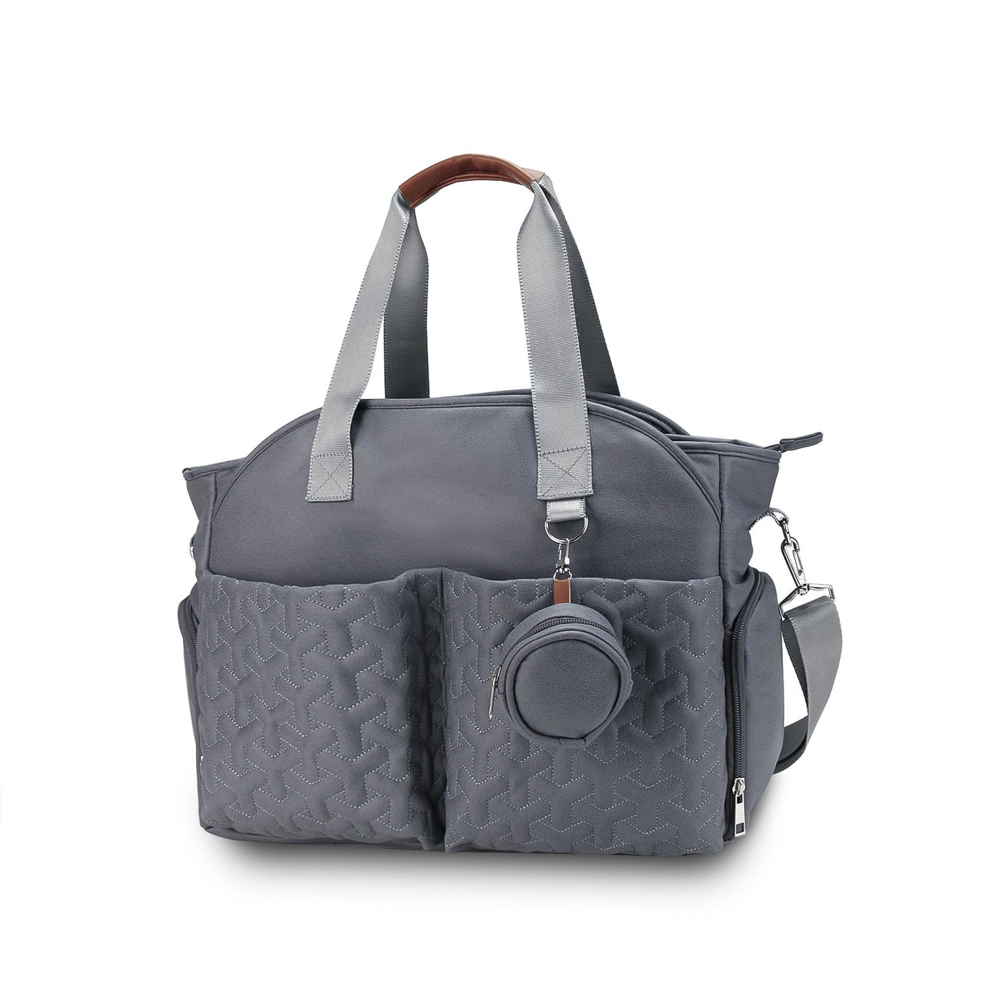 Dark gray waterproof diaper tote bag with insulated bottle pockets