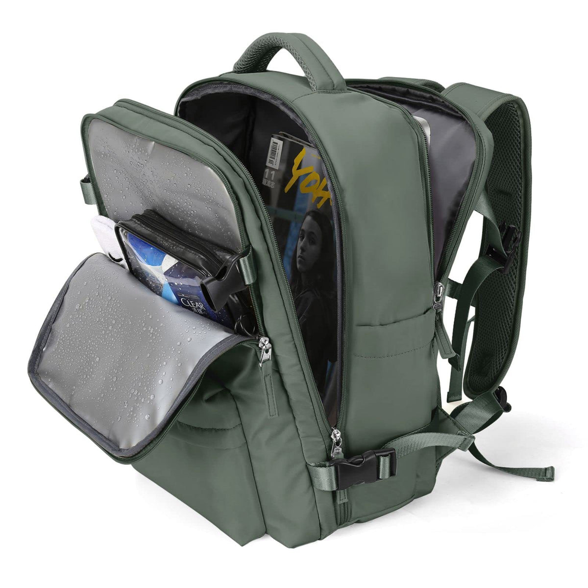 dark green expandable travel backpack with separated packing areas for shoes clothing and travel items