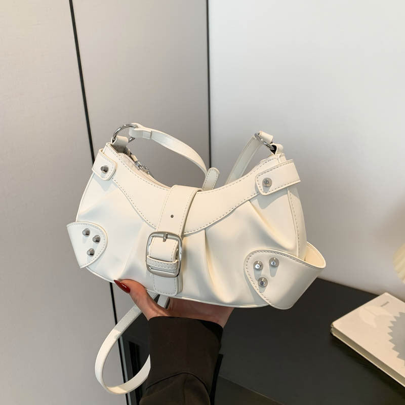 Pleated Locomotive Style Shoulder Underarm Silver Small Bag for Women 2024 Summer New Fashion Commuter Crossbody Small Square Bag