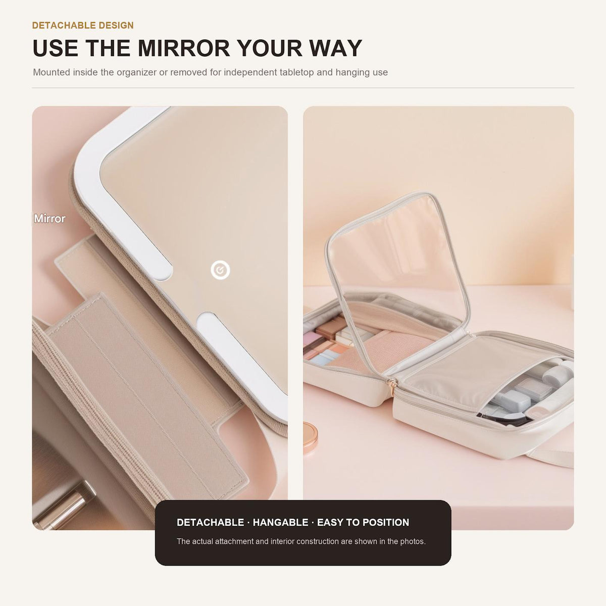 detachable led makeup mirror shown with cosmetic bag interior and separate tabletop mirror position