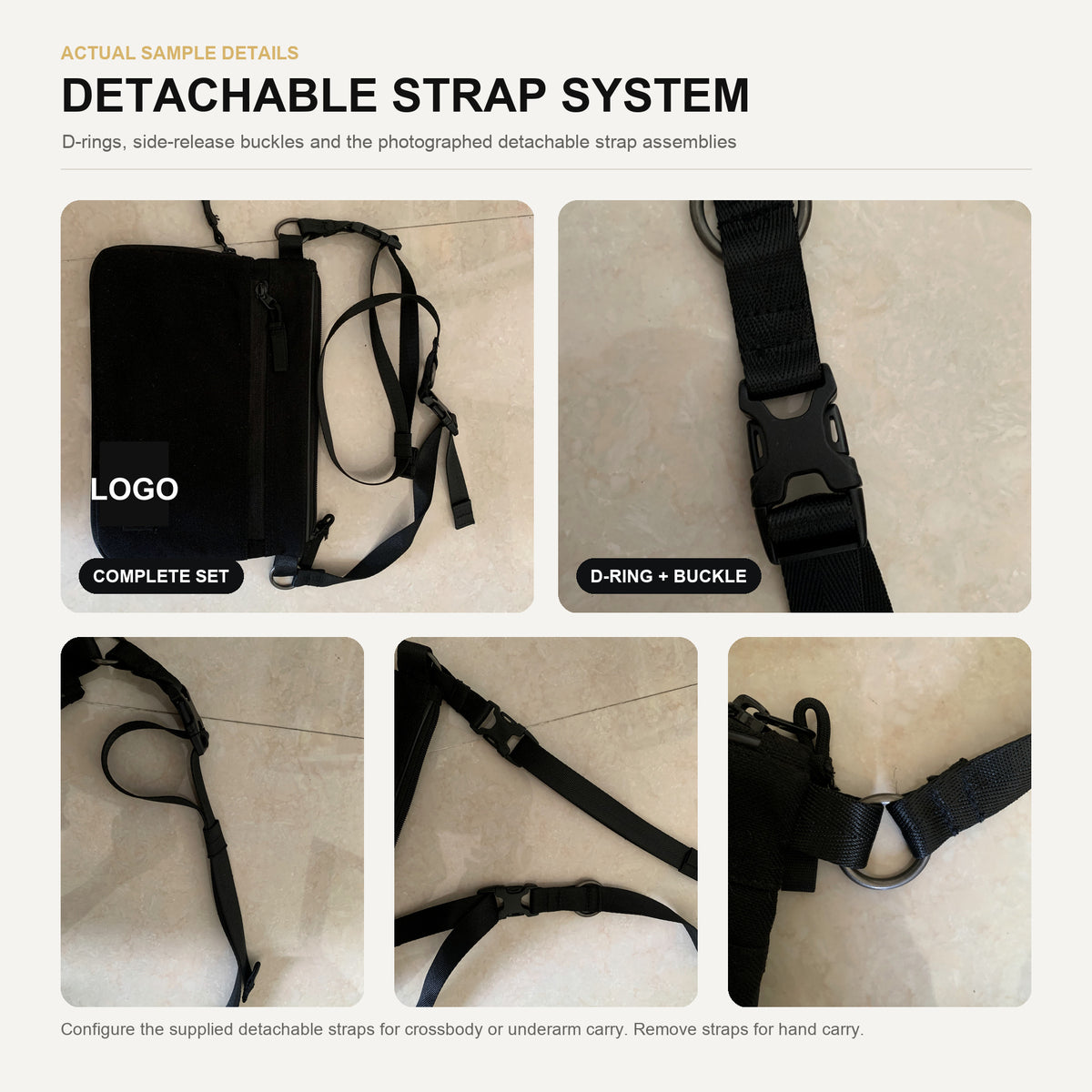 Detachable strap crossbody bag hardware details showing adjustable webbing, side attachment rings, swivel clips and quick-release buckle