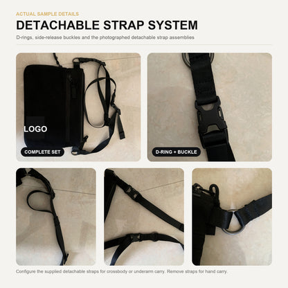 Detachable strap crossbody bag hardware details showing adjustable webbing, side attachment rings, swivel clips and quick-release buckle